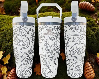 Engraved Tumbler with Elegant Dragons and Leaves – 20oz 30oz 40oz – Fantasy Forest Cup Gift