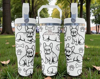 Bicchiere Stanley Flip con cannuccia inciso a forma di Bulldog francese – Bianco ghiaccio – Motivo cane Frenchie – Tazza in acciaio inossidabile da 20 oz, 30 oz, 40 oz