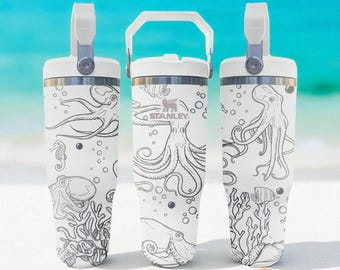 Gravierter Oktopus Sea Life Becher - Frost Flip Strohbecher mit Meereslebewesen Design - 20oz 30oz 40oz Geschenk für Meeresliebhaber