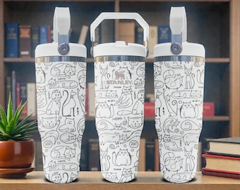 Doodle Cat Engraved Stanley Flip Straw Tumbler – Frost White – Whimsical Cat Art – 20oz 30oz 40oz Stainless Cup