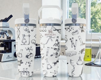 Science & Biology Engraved Stanley Flip Straw Tumbler – Frost White – Chemistry Lab Design – 20oz 30oz 40oz Stainless Cup