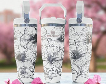 Engraved Hibiscus Tumbler – Tropical Flower Cup for Summer Vibes – Frost Flip Straw 20oz 30oz 40oz