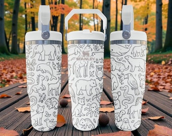 Animal Engraved Stanley Flip Straw Tumbler – Frost White – Woodland Safari Design – 20oz 30oz 40oz