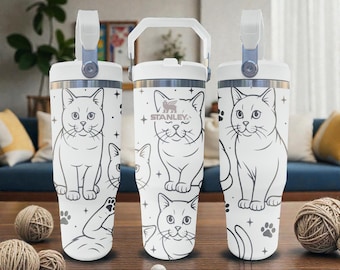 Cute Cat Engraved Stanley Flip Straw Tumbler – Frost White – Cozy Kitty Design – 20oz 30oz 40oz