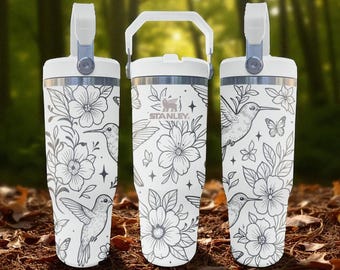 Hummingbird Engraved Tumbler – Floral Flip Straw Cup – 20oz 30oz 40oz Nature Lover Gift
