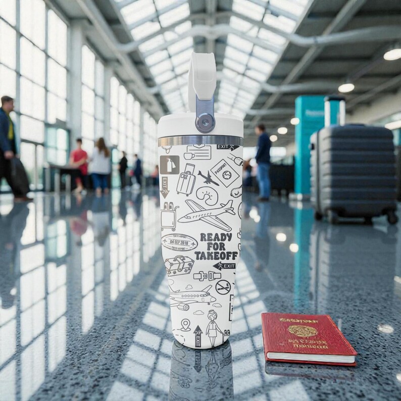 Puede incluir: Una botella de agua de viaje blanca con asa gris y un estampado en blanco y negro con tem&aacute;tica de viajes. La botella tiene la frase "READY FOR TAKEOFF" impresa. Un pasaporte rojo descansa en el suelo junto a la botella.