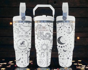 Steinbock gravierte Stanley Flip Strohhalm Becher - Frost Weiß - Sternzeichen Celestial Design - 20oz 30oz 40oz