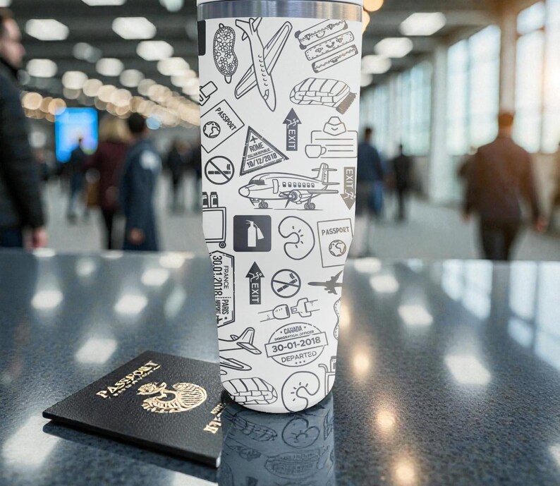 Puede incluir: Un vaso de viaje blanco con borde de acero inoxidable, cubierto con dibujos lineales negros de aviones, sellos de pasaporte e iconos de viaje. Un pasaporte negro con letras doradas est&aacute; delante. El vaso mide aproximadamente 23 cm de alto.
