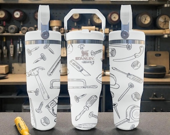 Tools Engraved Stanley Flip Straw Tumbler – Frost White – Workshop Handyman Design – 20oz 30oz 40oz Stainless Cup