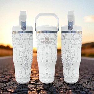 Western Boot Stitch Engraved Flip Straw Tumbler – Frost White – Country Cowgirl Style – 20oz 30oz 40oz Stainless Steel image 1