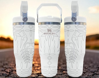 Western Boot Stitch Engraved Flip Straw Tumbler – Frost White – Country Cowgirl Style – 20oz 30oz 40oz Stainless Steel