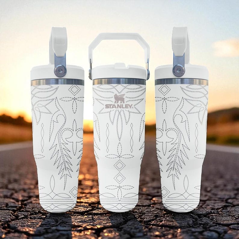 Western Boot Stitch Engraved Flip Straw Tumbler – Frost White – Country Cowgirl Style – 20oz 30oz 40oz Stainless Steel image 1