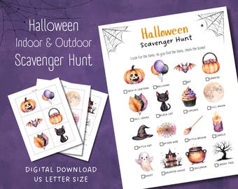 May include: Halloween-themed scavenger hunt printable with watercolor illustrations of pumpkins, bats, and other spooky items. The text reads "Halloween Indoor & Outdoor Scavenger Hunt" and "Digital Download US Letter Size."