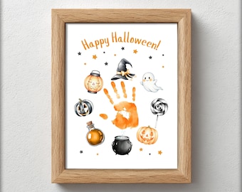 May include: A framed Halloween-themed print. It shows a handprint, pumpkins, a witch's hat, a ghost, and the words "Happy Halloween!" in orange. The frame is made of light brown wood.