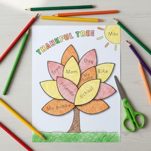 May include: A "Thankful Tree" coloring page with a tree-shaped design, featuring leaves labeled with words like "Toys," "Friends," and "School." Colored pencils and scissors surround the page. The sun is drawn in the upper right corner with the name "Max" written on it.