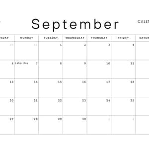 Puede incluir: Una página de calendario mensual blanca para septiembre de 2026 con texto en negro. La cuadrícula muestra los días de la semana de domingo a sábado, con fechas numeradas del 1 al 30. El texto Labor Day aparece en la casilla del lunes 7 de septiembre.
