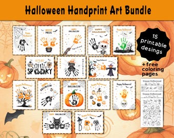 May include: A collection of 15 printable Halloween handprint art designs, featuring spooky images like skeletons, spiders, and pumpkins. The bundle includes free coloring pages. The text reads "Halloween Handprint Art Bundle" and "Happy Halloween!"