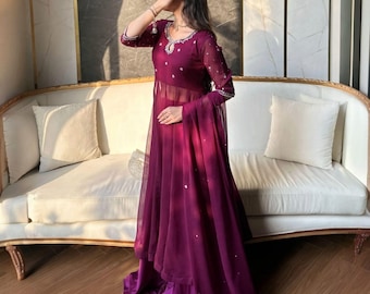 Vestido largo pakistaní morado de 3 piezas, maxi vestido largo bordado con pantalón y dupatta, vestido formal indio, ropa de fiesta.