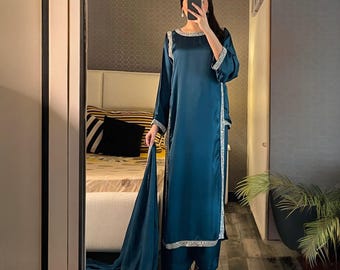 Conjunto de salwar kameez de seda con cuentas de 3 piezas, vestido formal pakistaní, traje bordado a mano, atuendo de boda modesto