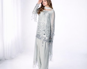 Traje pakistaní de seda Sheesha Farshi Shalwar, Salwar Kameez de lujo de 3 piezas, vestido de fiesta de boda, atuendo étnico de diseñador indio para mujer