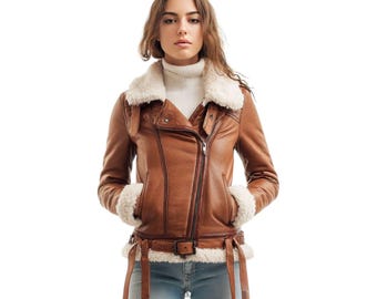 Chaqueta bomber de aviador marrón – Abrigo de piel de oveja de piloto de vuelo