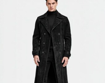 Men’s Black Suede Leather Trench Coat – Vintage Long Overcoat with Classic Button Closure