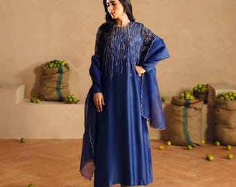 Elegante conjunto de salwar kameez de seda hecho a mano, vestido formal de fiesta con bordado frontal y dupatta de organza, atuendo modesto para bodas.