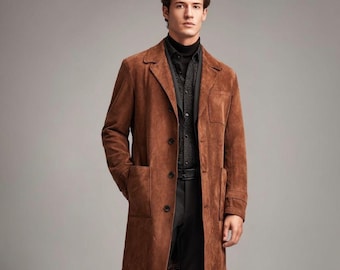Men’s Brown Suede Leather Trench Coat – Vintage Long Overcoat with Classic Button Closure
