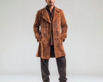 Brown Suede Leather Trench Coat – Vintage Long Overcoat with Classic Button Closure