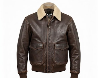 Chaqueta de cuero vintage para hombre / Chaqueta bomber de aviador marrón desgastada con cuello de piel sintética / Abrigo de invierno clásico estilo piloto