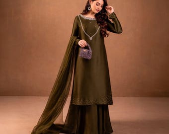 Traje de pijama Dhaka verde oliva, vestido pakistaní de seda shisha, salwar kameez de 3 piezas, atuendo de invitada para boda india, ropa para Eid