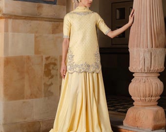 Conjunto de lujo de seda cruda Sharara Kameez, traje de diseñador pakistaní bordado de 3 piezas, atuendo para invitada a boda india