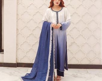 Conjunto de kurta de seda tie-dye de diseñador con bordado Adda, traje pakistaní de 3 piezas con dupatta, elegante vestido festivo para mujer.