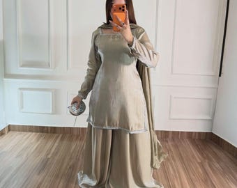 Conjunto de vestido de seda shisha pakistaní-indio de lujo, atuendo modesto de 3 piezas, ropa para invitada a boda o fiesta para mujer.