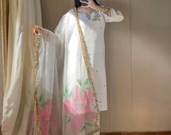 Traje de seda de lujo hecho a mano con bordados, conjunto Farshi Shalwar, dupatta de organza, vestido formal pakistaní, atuendo de boda modesto
