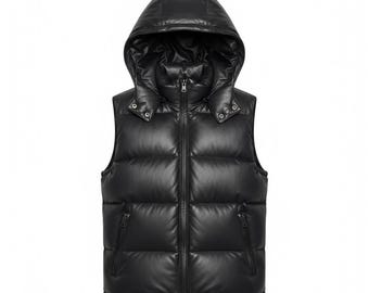 Men Women Black Real Leather Puffer Vest with Hood | Vintage Sheepskin Sleeveless Bomber Jacket | Winter Gilet