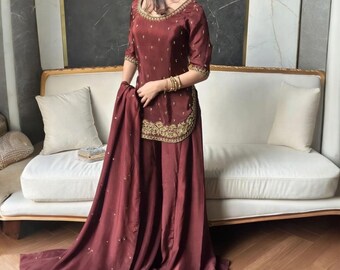 Traje Sharara de seda estilo pakistaní-indio, conjunto Kurta bordado a mano, vestido formal para invitada de boda.