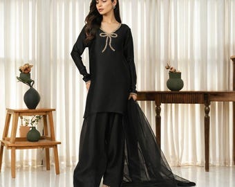 Traje de seda Farshi Shalwar / Conjunto de 3 piezas de salwar kameez de diseñador pakistaní / Atuendo para fiesta de boda / Vestido étnico indio para mujer