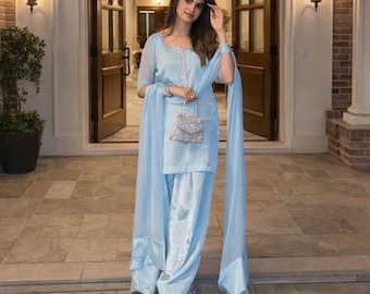 Sheesha Silk Farshi Salwar Kameez Set, traje de diseñador paquistaní, camisa corta Salwar ancha, traje de fiesta de bodas