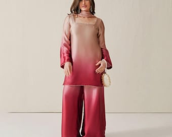 Ombre Sheesha Seda Farshi Shalwar Traje 3PC - Salwar Kameez paquistaní, Traje de fiesta Eid de boda degradado rojo rosa