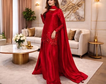 Traje pakistaní Farshi Shalwar en seda Sheesha, conjunto de kameez largo bordado, vestido modesto de fiesta indio