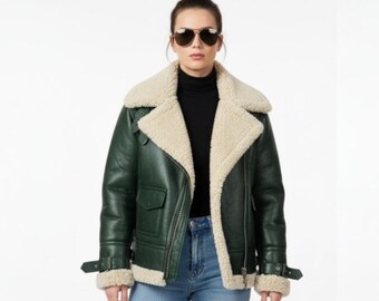 Chaqueta de aviador de piel de oveja verde para mujer / Chaqueta bomber B3 de piloto extragrande con forro de piel sintética para invierno