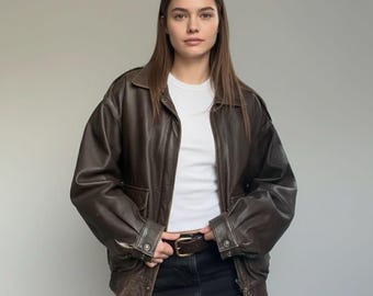 Chaqueta bomber de cuero vintage para mujer: abrigo marrón extragrande, estilo grunge retro de los 90