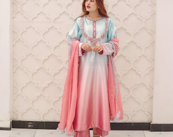 Traje de seda pakistaní premium de 3 piezas, vestido de diseñador bordado a mano, atuendo de lujo discreto para fiesta de Eid o boda.