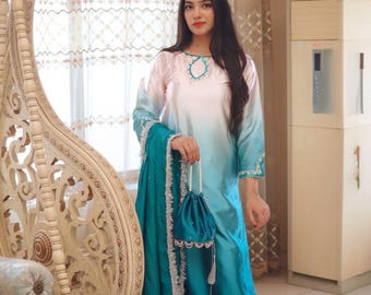 Conjunto de traje de diseñador pakistaní / Kurta Plazo Dupatta de seda hecha a mano / Atuendo étnico tradicional para mujer