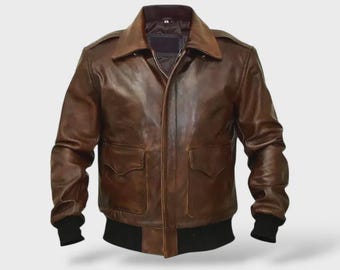 Men's Brown Vintage A2 Leather Bomber Jacket | Classic Military Flight Aviator Style | Genuine Leather Coat