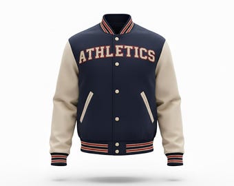 Navy Athletics Varsity Bomber — Cream Sleeves, College Style Letterman Jacket, Unisex Streetwear