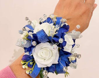 Royal Blue & White Wrist Corsage Bracelet