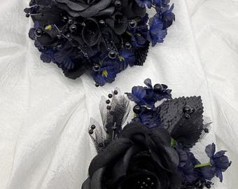 Handmade Navy Black Rose Corsage Boutonniere Set, Gothic Wedding Floral Accessories