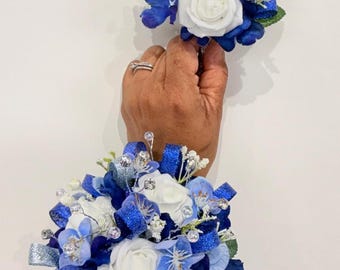 Royal Blue White Rose Corsage Boutonniere Set, Prom Wedding Flowers, Silver Crystal Accents